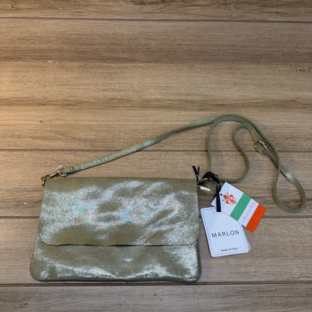 Marlon Firenze Italian Leather Crossbody Metallic Green Glitzy Sparkle Shimmer